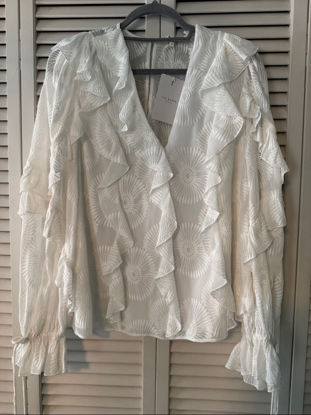 Ted Baker Cream Floral Jacquard Ruffle V-Neck Blouse